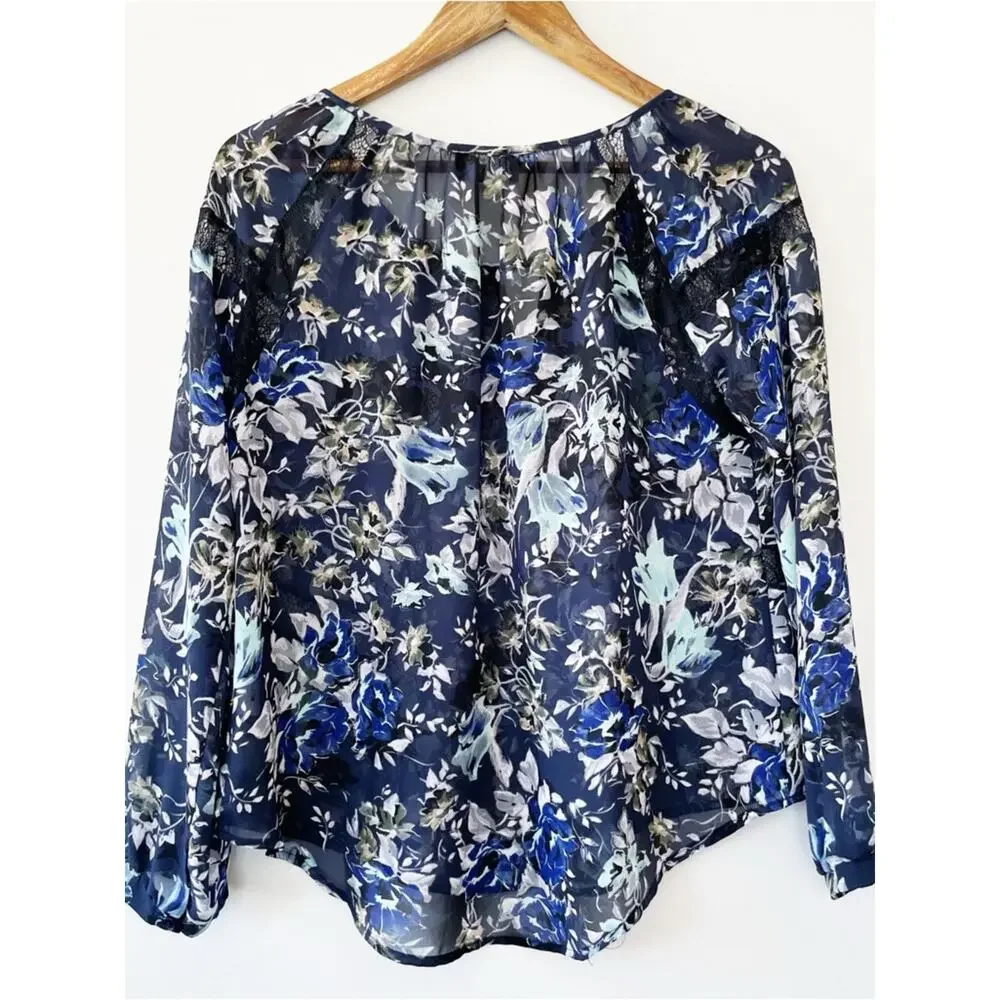 Astr Navy Floral Sheer Blouse with Lace Accents Size XS EUC